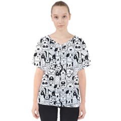 Seamless-pattern-with-black-white-doodle-dogs V-neck Dolman Drape Top by Simbadda