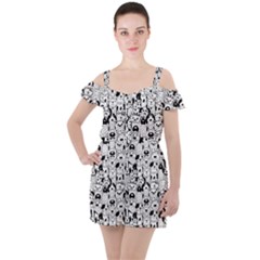 Seamless-pattern-with-black-white-doodle-dogs Ruffle Cut Out Chiffon Playsuit by Simbadda