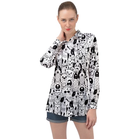 Seamless-pattern-with-black-white-doodle-dogs Long Sleeve Satin Shirt by Simbadda