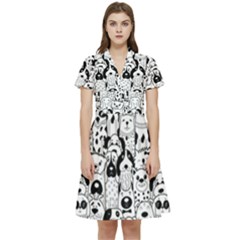 Seamless-pattern-with-black-white-doodle-dogs Short Sleeve Waist Detail Dress by Simbadda