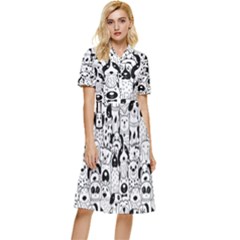 Seamless-pattern-with-black-white-doodle-dogs Button Top Knee Length Dress by Simbadda