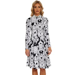 Seamless-pattern-with-black-white-doodle-dogs Long Sleeve Shirt Collar A-line Dress by Simbadda