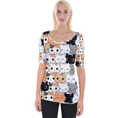 Cute-cat-kitten-cartoon-doodle-seamless-pattern Wide Neckline Tee by Simbadda