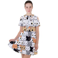 Cute-cat-kitten-cartoon-doodle-seamless-pattern Short Sleeve Shoulder Cut Out Dress  by Simbadda