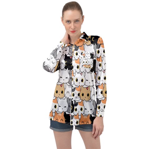 Cute-cat-kitten-cartoon-doodle-seamless-pattern Long Sleeve Satin Shirt by Simbadda