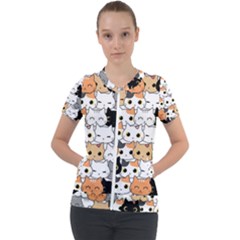 Cute-cat-kitten-cartoon-doodle-seamless-pattern Short Sleeve Zip Up Jacket by Simbadda