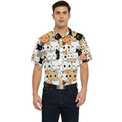 Cute-cat-kitten-cartoon-doodle-seamless-pattern Men s Short Sleeve Pocket Shirt 