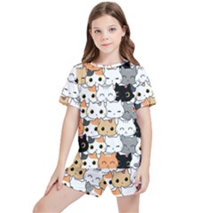 Cute-cat-kitten-cartoon-doodle-seamless-pattern Kids  Tee And Sports Shorts Set by Simbadda