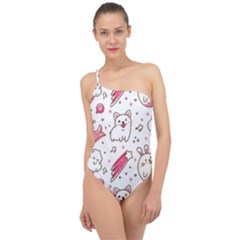 Cute-animals-seamless-pattern-kawaii-doodle-style Classic One Shoulder Swimsuit by Simbadda