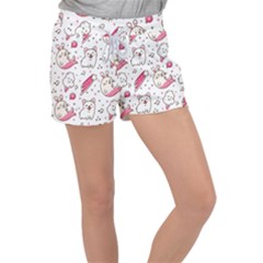 Cute-animals-seamless-pattern-kawaii-doodle-style Women s Velour Lounge Shorts by Simbadda