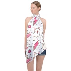 Cute-animals-seamless-pattern-kawaii-doodle-style Halter Asymmetric Satin Top by Simbadda