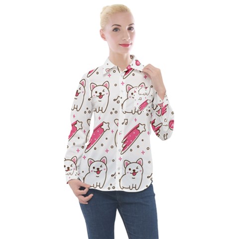 Cute-animals-seamless-pattern-kawaii-doodle-style Women s Long Sleeve Pocket Shirt by Simbadda