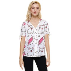 Cute-animals-seamless-pattern-kawaii-doodle-style Bow Sleeve Button Up Top by Simbadda