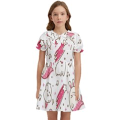 Cute-animals-seamless-pattern-kawaii-doodle-style Kids  Bow Tie Puff Sleeve Dress by Simbadda