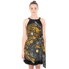 Yin-yang-owl-doodle-ornament-illustration Halter Collar Waist Tie Chiffon Dress by Simbadda