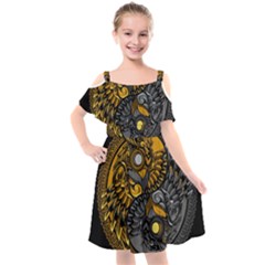 Yin-yang-owl-doodle-ornament-illustration Kids  Cut Out Shoulders Chiffon Dress by Simbadda