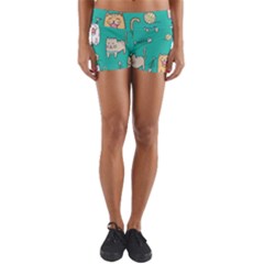 Seamless-pattern-cute-cat-cartoon-with-hand-drawn-style Yoga Shorts by Simbadda