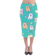 Seamless-pattern-cute-cat-cartoon-with-hand-drawn-style Velvet Midi Pencil Skirt by Simbadda