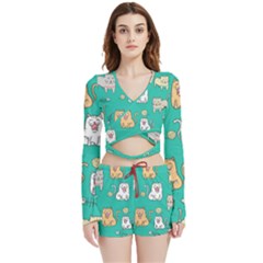 Seamless-pattern-cute-cat-cartoon-with-hand-drawn-style Velvet Wrap Crop Top And Shorts Set by Simbadda