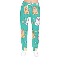 Seamless-pattern-cute-cat-cartoon-with-hand-drawn-style Women Velvet Drawstring Pants