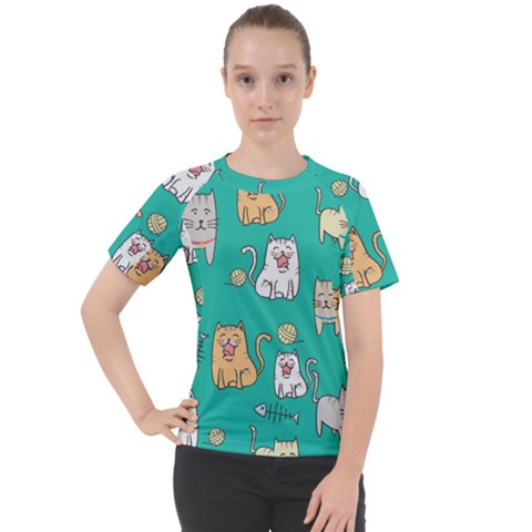 Seamless-pattern-cute-cat-cartoon-with-hand-drawn-style Women s Sport Raglan Tee by Simbadda