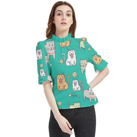 Seamless-pattern-cute-cat-cartoon-with-hand-drawn-style Frill Neck Blouse by Simbadda