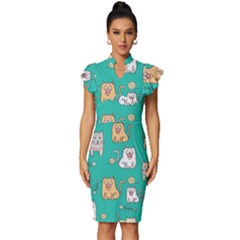 Seamless-pattern-cute-cat-cartoon-with-hand-drawn-style Vintage Frill Sleeve V-neck Bodycon Dress