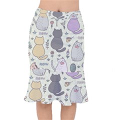 Funny Cartoon Cat Seamless Pattern Short Mermaid Skirt by Simbadda