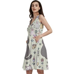 Funny Cartoon Cat Seamless Pattern Sleeveless V-neck Skater Dress With Pockets