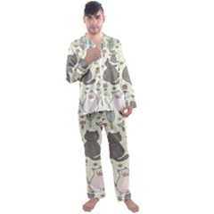 Funny Cartoon Cat Seamless Pattern Men s Long Sleeve Satin Pajamas Set by Simbadda