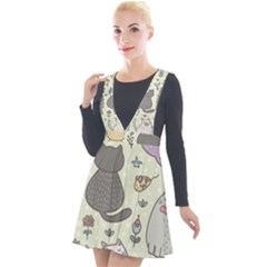 Funny Cartoon Cat Seamless Pattern Plunge Pinafore Velour Dress by Simbadda