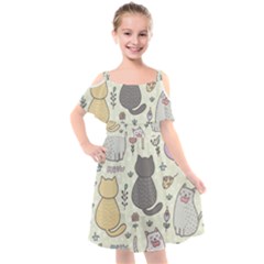 Funny Cartoon Cat Seamless Pattern Kids  Cut Out Shoulders Chiffon Dress by Simbadda