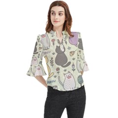 Funny Cartoon Cat Seamless Pattern Loose Horn Sleeve Chiffon Blouse