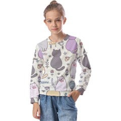 Funny Cartoon Cat Seamless Pattern Kids  Long Sleeve Tee With Frill 