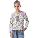 Funny Cartoon Cat Seamless Pattern Kids  Long Sleeve Tee with Frill  View1