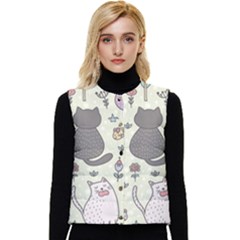 Funny Cartoon Cat Seamless Pattern Women s Button Up Puffer Vest by Simbadda