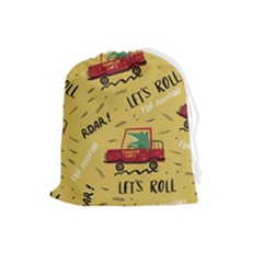 Childish-seamless-pattern-with-dino-driver Drawstring Pouch (large) by Simbadda