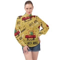 Childish-seamless-pattern-with-dino-driver High Neck Long Sleeve Chiffon Top by Simbadda