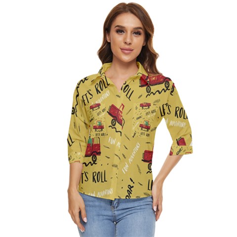 Childish-seamless-pattern-with-dino-driver Women s Quarter Sleeve Pocket Shirt by Simbadda