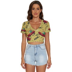 Childish-seamless-pattern-with-dino-driver V-neck Crop Top by Simbadda