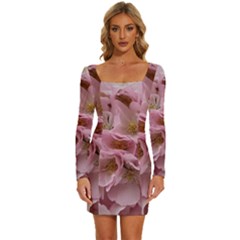 Cherry-blossoms Long Sleeve Square Neck Bodycon Velvet Dress