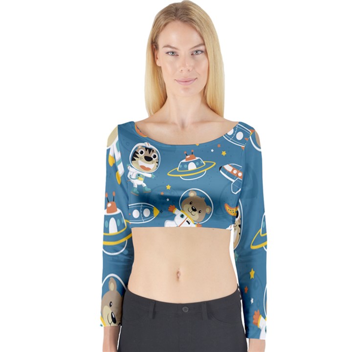 Seamless-pattern-funny-astronaut-outer-space-transportation Long Sleeve Crop Top