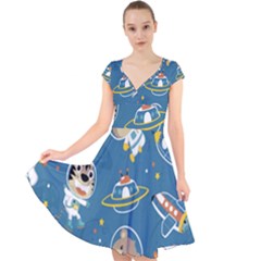 Seamless-pattern-funny-astronaut-outer-space-transportation Cap Sleeve Front Wrap Midi Dress by Simbadda