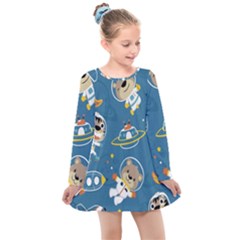 Seamless-pattern-funny-astronaut-outer-space-transportation Kids  Long Sleeve Dress by Simbadda