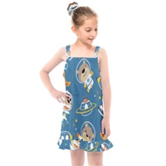 Seamless-pattern-funny-astronaut-outer-space-transportation Kids  Overall Dress by Simbadda