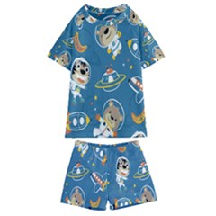 Seamless-pattern-funny-astronaut-outer-space-transportation Kids  Swim Tee And Shorts Set by Simbadda