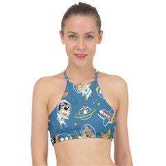 Seamless-pattern-funny-astronaut-outer-space-transportation Halter Bikini Top by Simbadda