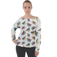 Seamless-pattern-with-hand-drawn-bird-black Off Shoulder Long Sleeve Velour Top by Simbadda