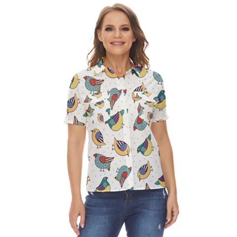 Seamless-pattern-with-hand-drawn-bird-black Women s Short Sleeve Double Pocket Shirt by Simbadda