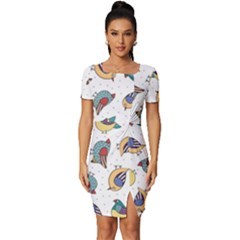 Seamless-pattern-with-hand-drawn-bird-black Fitted Knot Split End Bodycon Dress by Simbadda